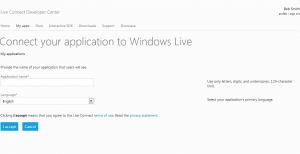 Step one for creating the Application on Windows Live