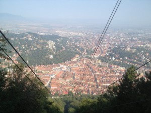 View down the cablecar route from Tampa Mountain in Brasov